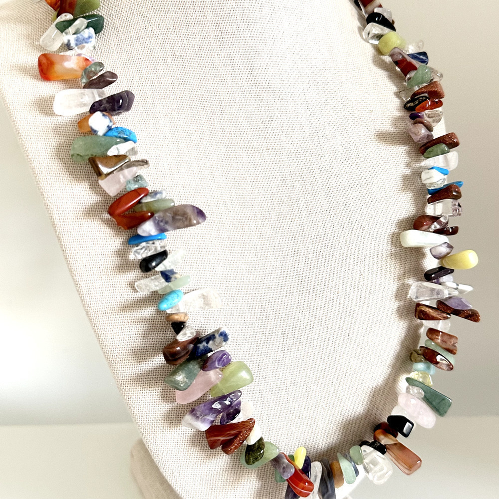 Vintage 925 Sterling Silver Multi Gemstone Nugget Chunky Statement Necklace 36" - Picture 5 of 14